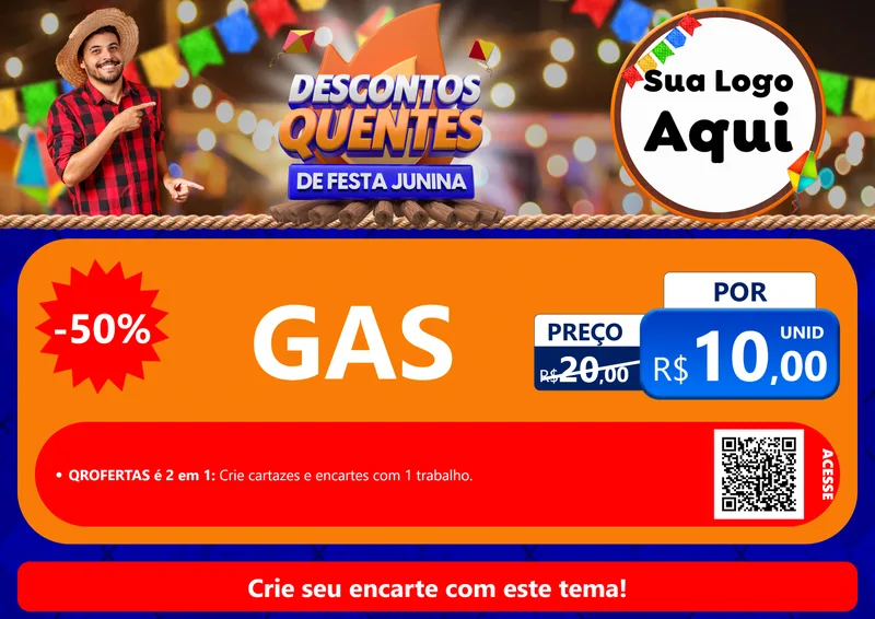 Modelo de Cartaz para Cartaz A4 Horizontal com o tema Descontos Quentes de Festa Junina para Água e gás