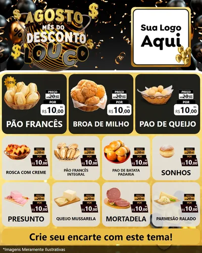 Modelo de Rede Social para Feed Instagram com o tema Agosto Mês do Desconto Louco para Padaria