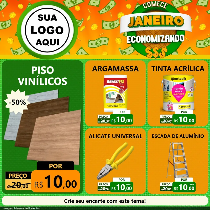 Modelo de Rede Social para Feed Facebook com o tema Comece Janeiro Economizando para Material para Construção