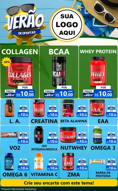 Modelo de Encarte para Encarte Grande com o tema Verão de Ofertas para Suplementos alimentares