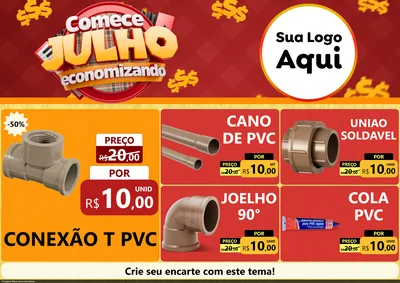 Modelo de Encarte para Encarte A4 Horizontal com o tema Comece Julho Economizando para Tubos e conexões