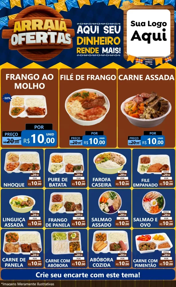 Modelo de Encarte para Encarte Grande com o tema Arraiá de Ofertas - Junina para Restaurante