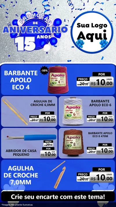 Modelo de TV para TV Vertical com o tema Promoção de Aniversário - 15 Anos para Armarinho e Aviamentos