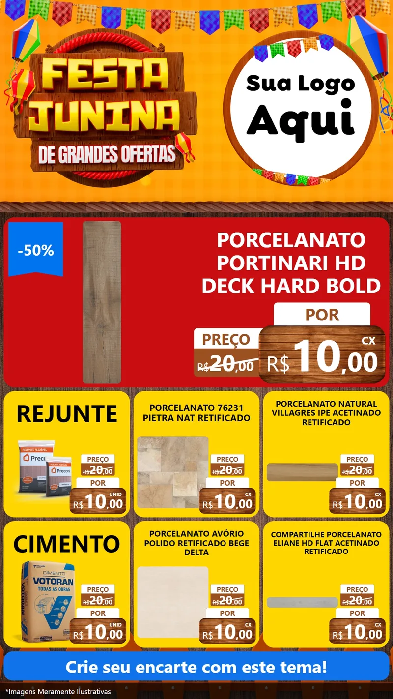 Modelo de Rede Social para Stories com o tema Festa Junina de Grandes Ofertas para Pisos e revestimentos