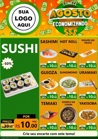 Modelo de Encarte para Encarte A4 Vertical com o tema Comece Agosto Economizando para Comida japonesa