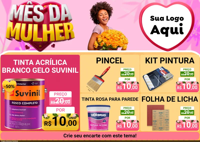 Modelo de Encarte para Encarte A4 Horizontal com o tema Mês da Mulher para Tintas e Ferramentas
