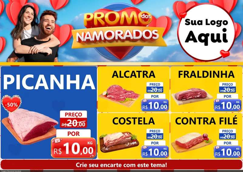 Modelo de Encarte para Encarte A4 Horizontal com o tema Promo dos Namorados para Açougue