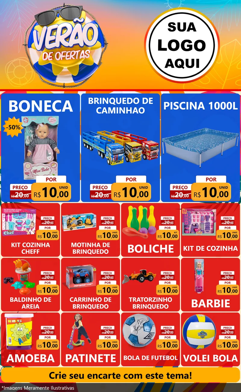 Modelo de Encarte para Encarte Grande com o tema Verão de Ofertas para Brinquedos