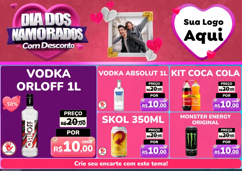 Modelo de Encarte para Encarte A4 Horizontal com o tema Dia Dos Namorados Com Desconto para Distribuidora de bebidas