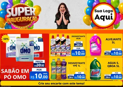 Modelo de Encarte para Encarte A4 Horizontal com o tema Super Inauguração para Produtos de Limpeza