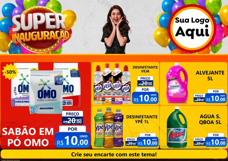 Modelo de Encarte para Encarte A4 Horizontal com o tema Super Inauguração para Produtos de Limpeza