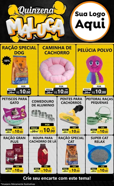 Modelo de Encarte para Encarte Grande com o tema Quinzena Maluca para Pet Shop