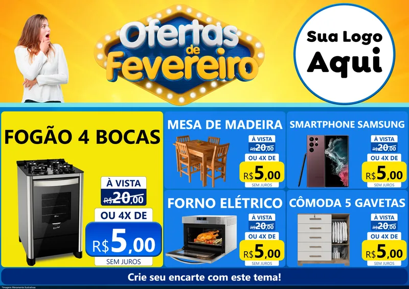 Modelo de Encarte para Encarte A4 Horizontal com o tema Ofertas de Fevereiro para Móveis e Eletro