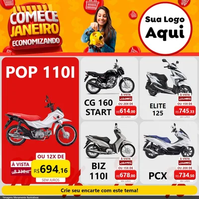 Modelo de Rede Social para Feed Facebook com o tema Comece Janeiro Economizando para Concessionaria de Motos