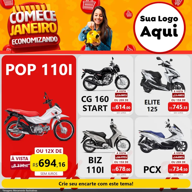 Modelo de Rede Social para Feed Facebook com o tema Comece Janeiro Economizando para Concessionaria de Motos