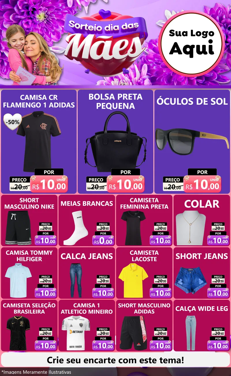 Modelo de Encarte para Encarte Grande com o tema Sorteio Dia das Mães para Roupas e acessórios