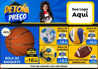Modelo de Encarte para Encarte A4 Horizontal com o tema Detona Preços para Artigos Esportivos