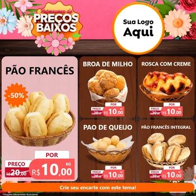 Modelo de Rede Social para Feed Facebook com o tema Primavera de Preços Baixos para Padaria
