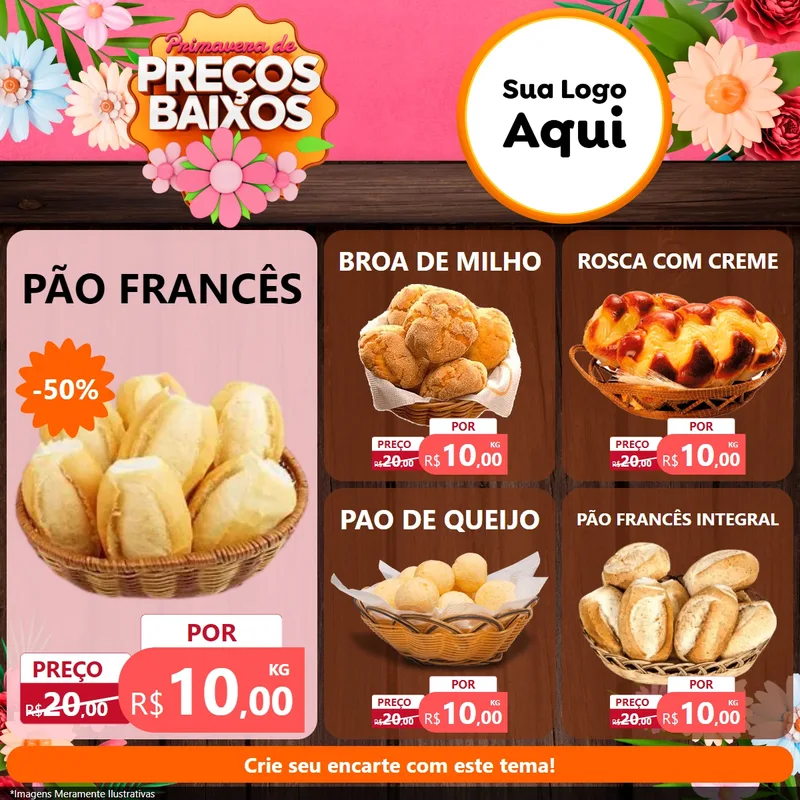 Modelo de Rede Social para Feed Facebook com o tema Primavera de Preços Baixos para Padaria