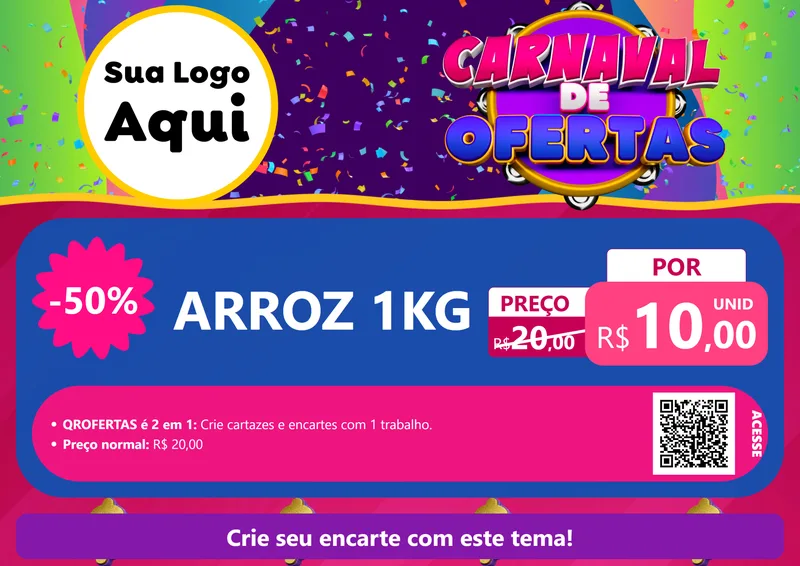Modelo de Cartaz para Cartaz A4 Horizontal com o tema Carnaval de Ofertas para Supermercado