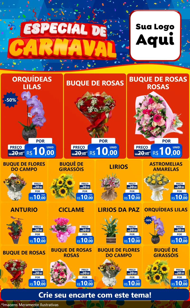 Modelo de Encarte para Encarte Grande com o tema Especial de Carnaval para Floricultura e jardim