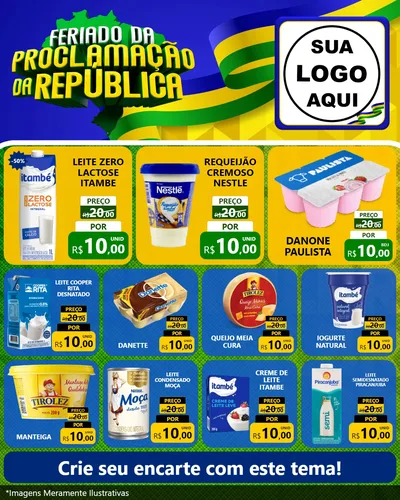Modelo de Rede Social para Feed Instagram com o tema Feriado da Proclamação da República para Frios e Laticínios