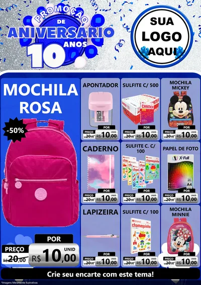 Modelo de Encarte para Encarte A4 Vertical com o tema Promoção de Aniversário - 10 Anos para Papelaria