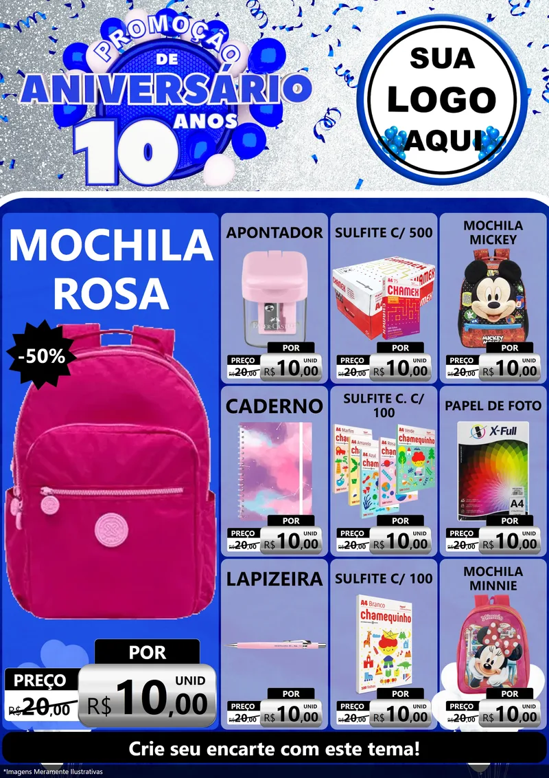 Modelo de Encarte para Encarte A4 Vertical com o tema Promoção de Aniversário - 10 Anos para Papelaria