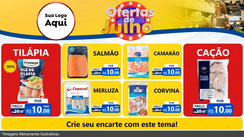Modelo de TV para TV Horizontal com o tema Ofertas de Julho para Peixaria