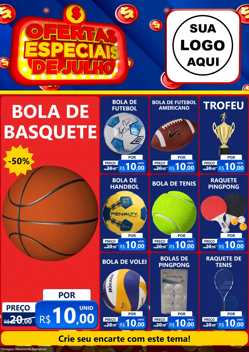 Modelo de Encarte para Encarte A4 Vertical com o tema Ofertas Especiais de Julho para Artigos Esportivos