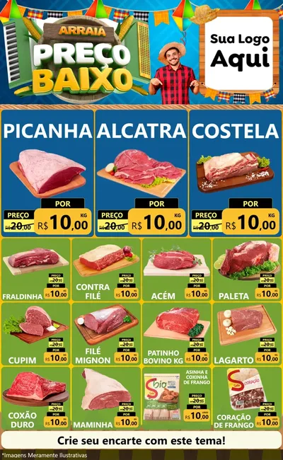 Modelo de Encarte para Encarte Grande com o tema Arraiá de Preço Baixo - Junina para Açougue