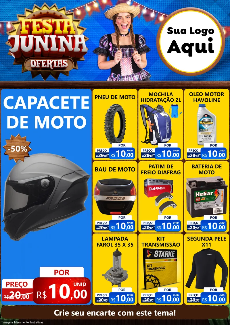 Modelo de Encarte para Encarte A4 Vertical com o tema Festa Junina Ofertas para Moto peças