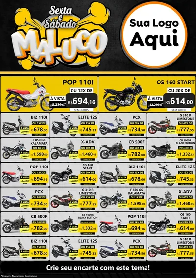 Modelo de Encarte para Encarte A4 Vertical com o tema Sexta e Sábado Maluco para Concessionaria de Motos