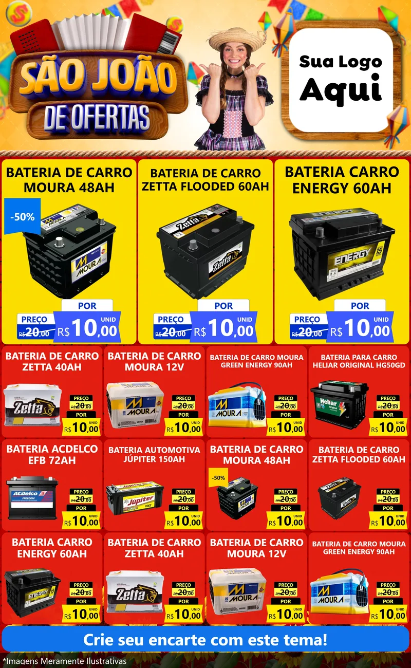 Modelo de Encarte para Encarte Grande com o tema São João de Ofertas para Baterias Elétricas