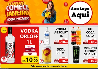 Modelo de Encarte para Encarte A4 Horizontal com o tema Comece Janeiro Economizando para Distribuidora de bebidas