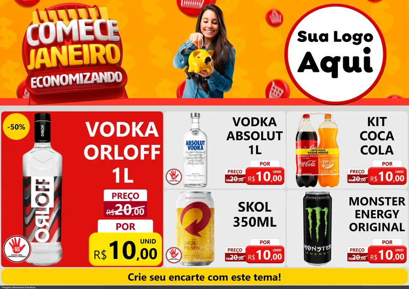Modelo de Encarte para Encarte A4 Horizontal com o tema Comece Janeiro Economizando para Distribuidora de bebidas
