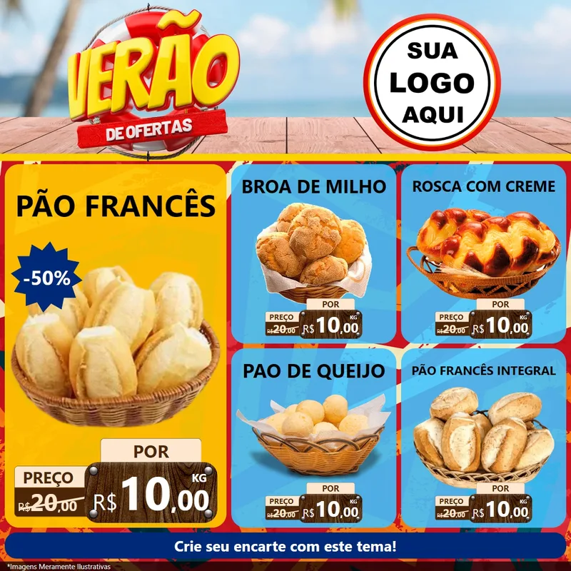 Modelo de Rede Social para Feed Facebook com o tema Verão de Ofertas para Padaria