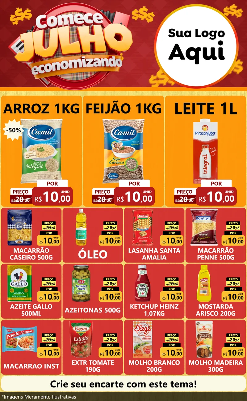 Modelo de Encarte para Encarte Grande com o tema Comece Julho Economizando para Supermercado