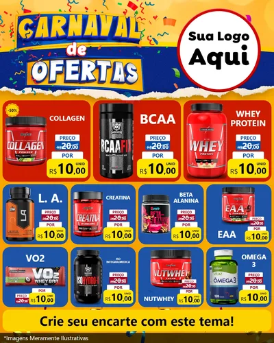 Modelo de Rede Social para Feed Instagram com o tema Carnaval de Ofertas para Suplementos alimentares