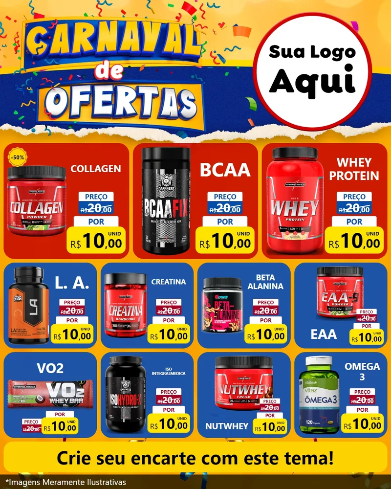 Modelo de Rede Social para Feed Instagram com o tema Carnaval de Ofertas para Suplementos alimentares