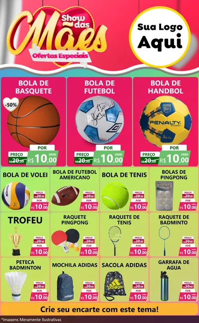 Modelo de Encarte para Encarte Grande com o tema Show das Mães - Ofertas Especiais para Artigos Esportivos