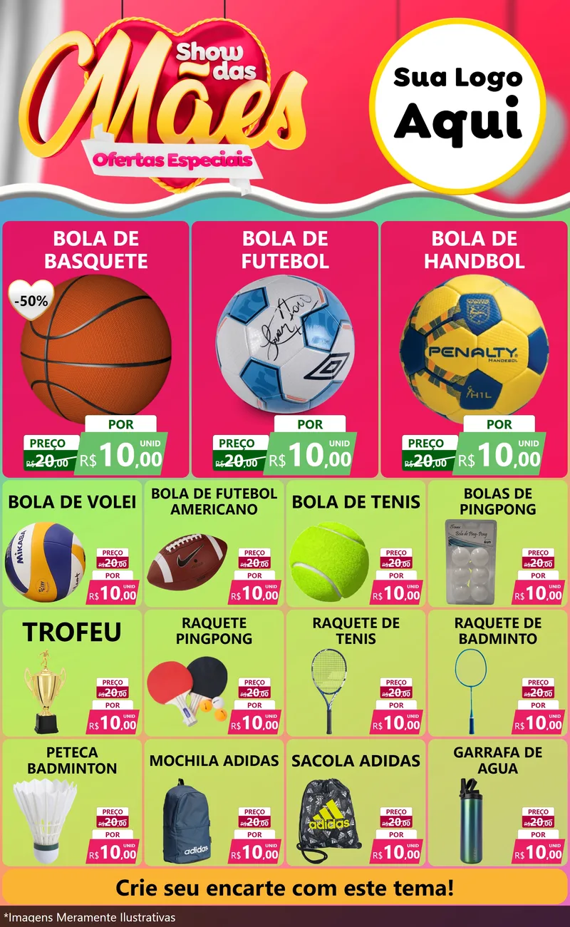Modelo de Encarte para Encarte Grande com o tema Show das Mães - Ofertas Especiais para Artigos Esportivos