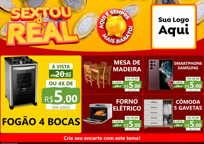 Modelo de Encarte para Encarte A4 Horizontal com o tema Sextou do Real para Móveis e Eletro