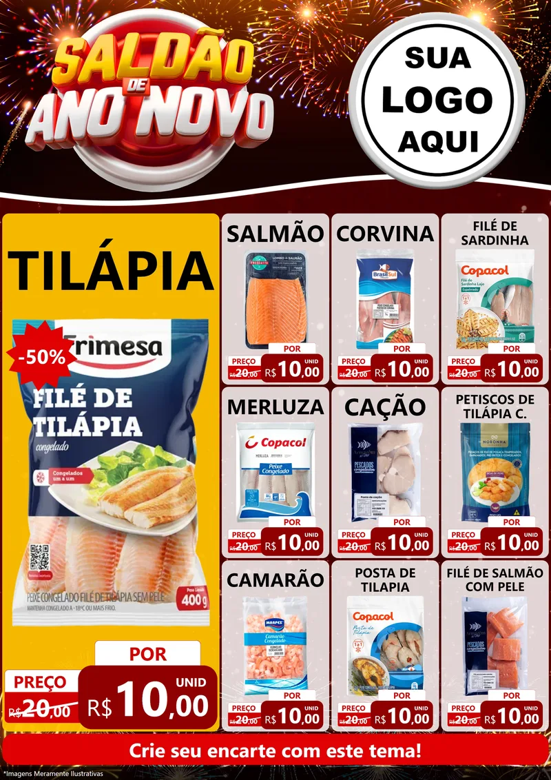 Modelo de Encarte para Encarte A4 Vertical com o tema Saldão de Ano Novo para Peixaria