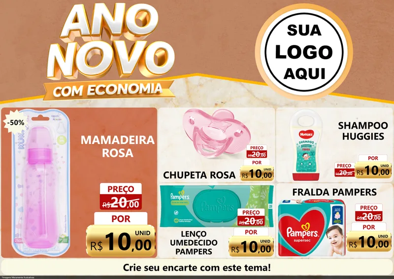 Modelo de Encarte para Encarte A4 Horizontal com o tema Ano Novo Com Economia para Bebês