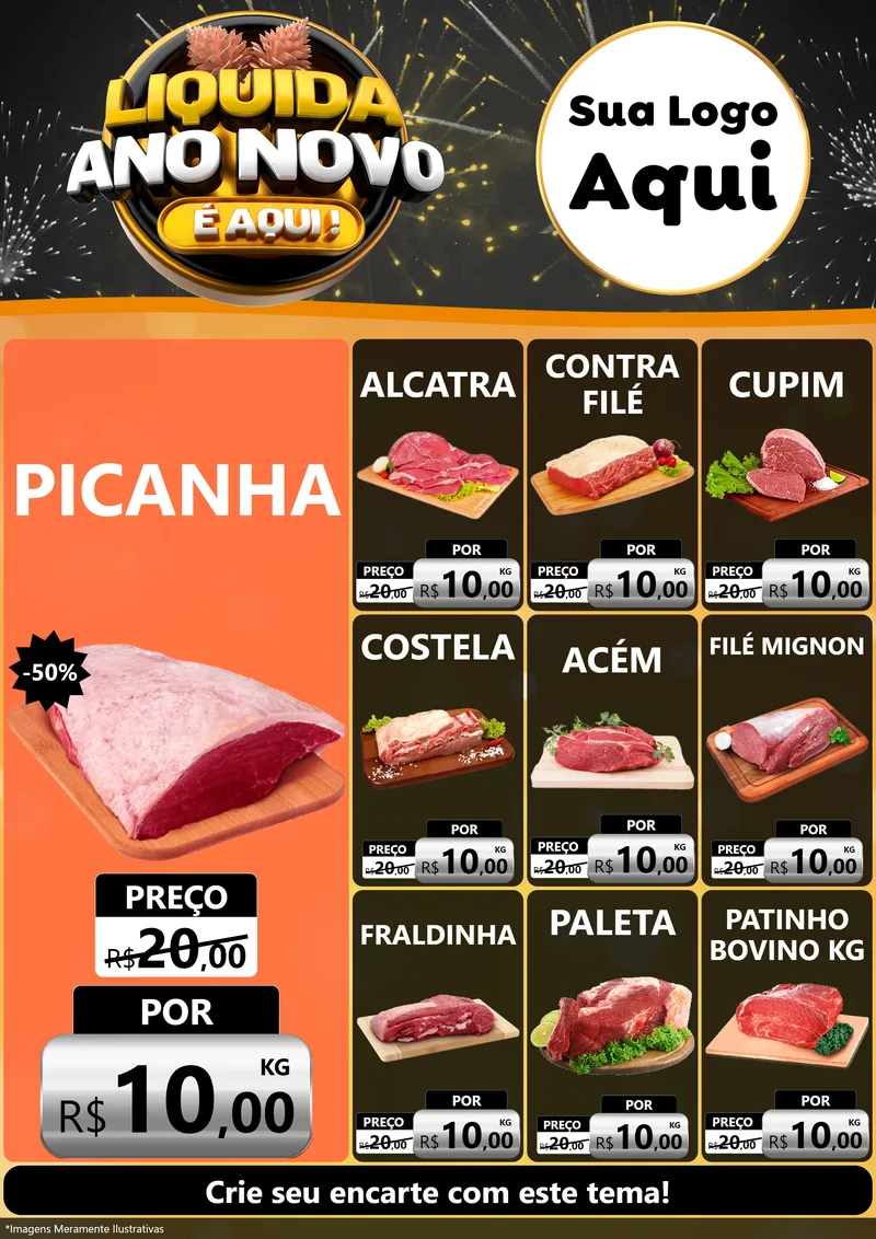 Modelo de Encarte para Encarte A4 Vertical com o tema Liquida Ano Novo É Aqui! para Açougue