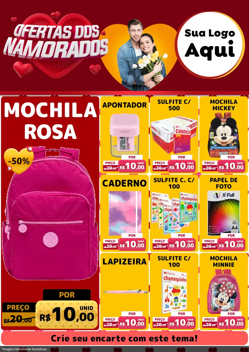 Modelo de Encarte para Encarte A4 Vertical com o tema Ofertas Dos Namorados para Papelaria