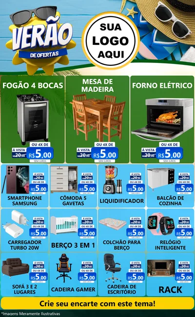 Modelo de Encarte para Encarte Grande com o tema Verão de Ofertas para Móveis e Eletro