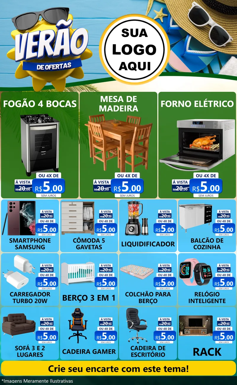 Modelo de Encarte para Encarte Grande com o tema Verão de Ofertas para Móveis e Eletro