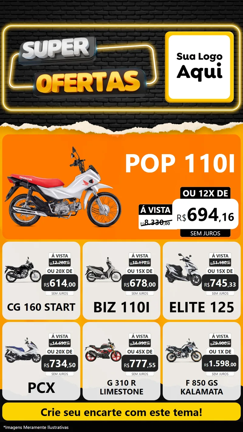 Modelo de Rede Social para Stories com o tema Super Ofertas para Concessionaria de Motos